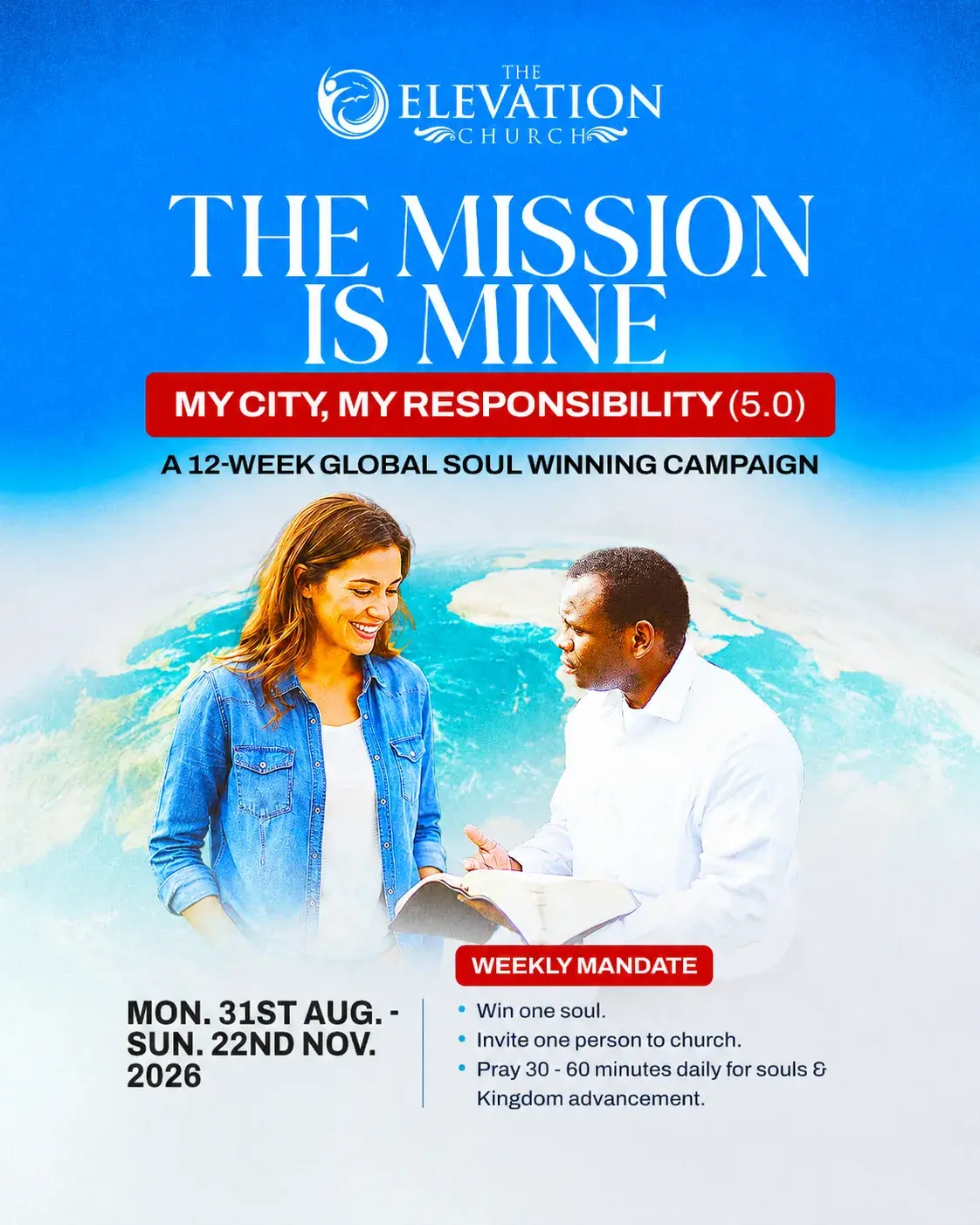 My City, My Responsibility 5.0 campaign flyer — theme The Mission is Mine, a 12-week global soul-winning campaign running 31st August to 22nd November 2026