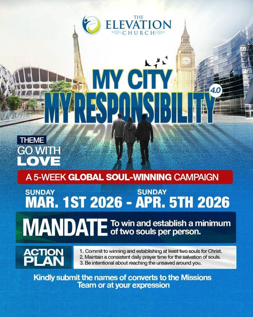 My City, My Responsibility 4.0 campaign flyer — theme Go With Love, a 5-week global soul-winning campaign running 1st March to 5th April 2026
