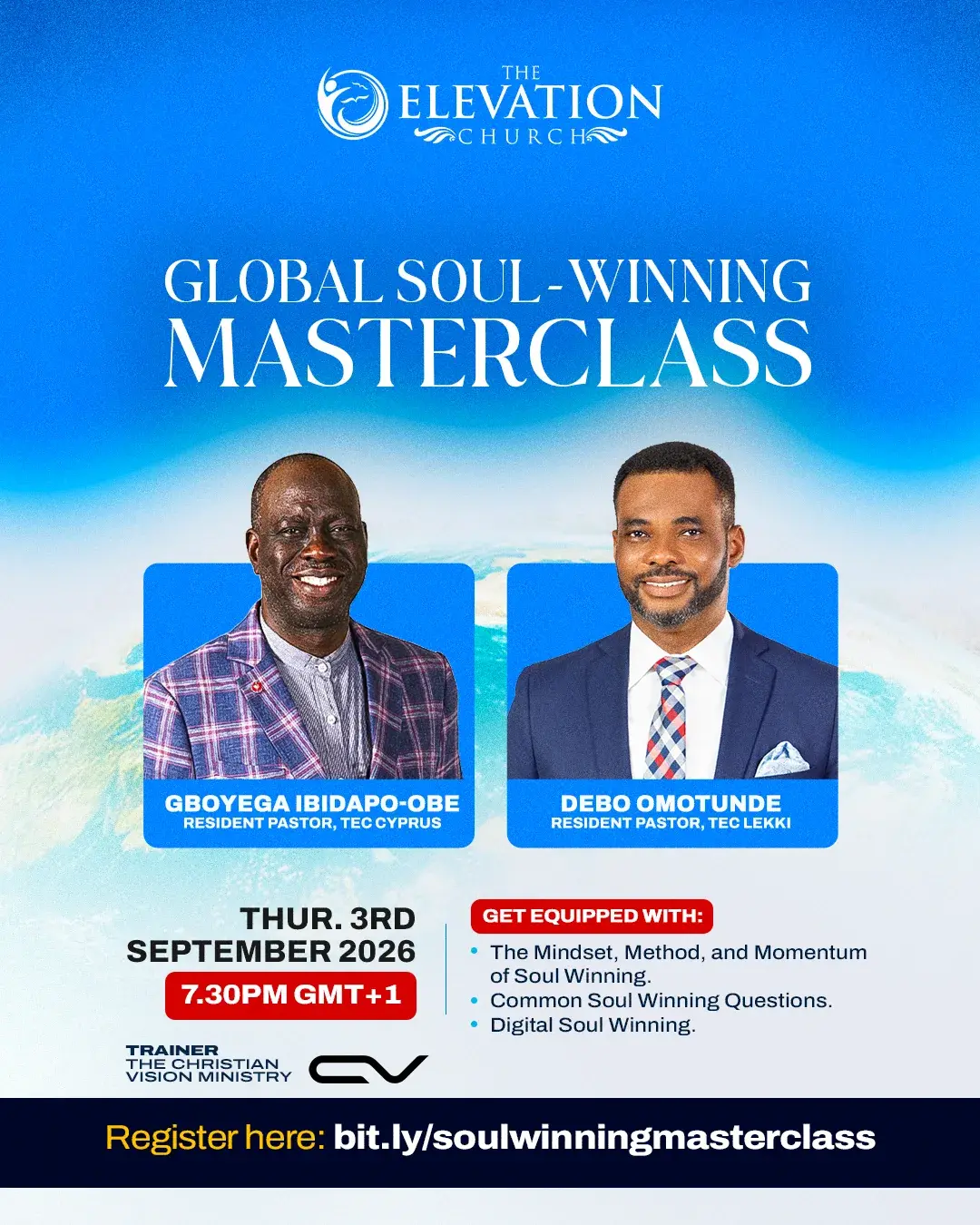 Global Soul-Winning Masterclass flyer — Thursday 3rd September 2026 at 7:30 PM GMT+1, with trainers Gboyega Ibidapo-Obe and Debo Omotunde