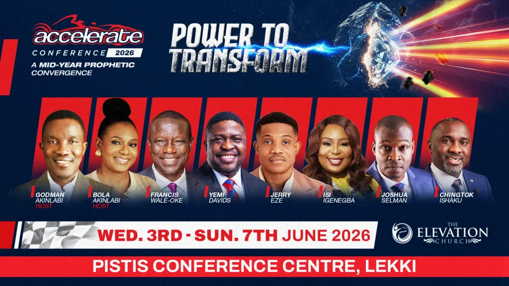 Conference banner for Accelerate 2026 with host headshots on red panels and 'Power to Transform' slogan.