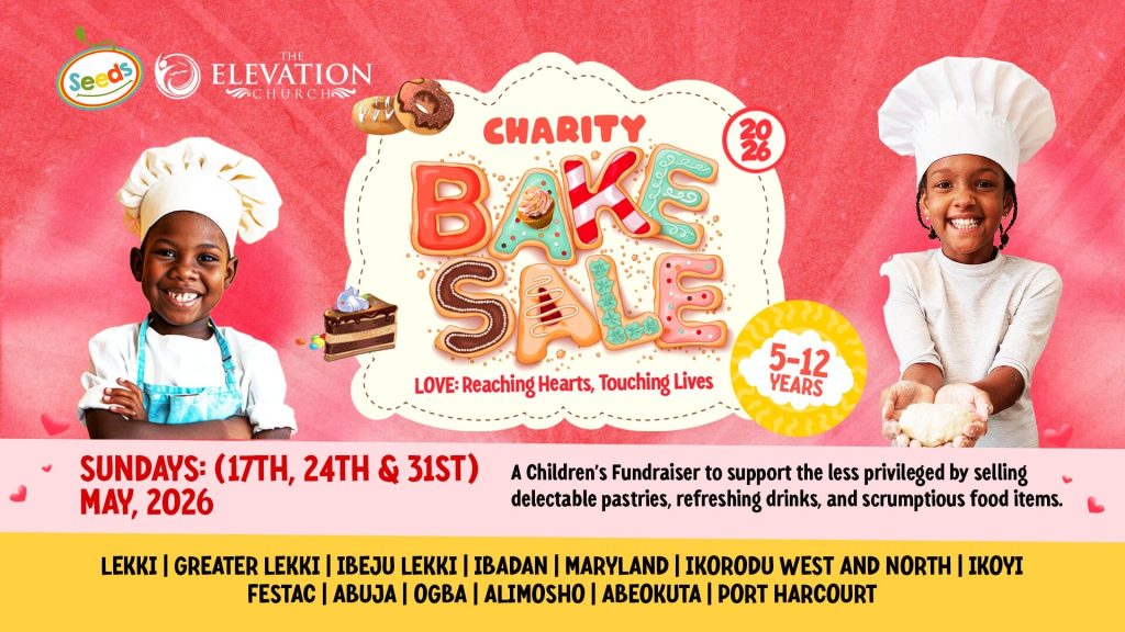 Charity bake sale banner with smiling kids in chef hats and 'Bake Sale 2026' text on a pink background, promoting a fundraiser for children ages 5-12.