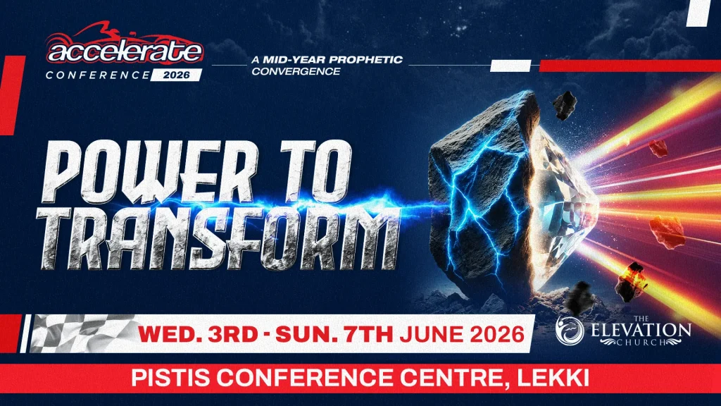 Promotional banner for Accelerate Conference 2026 with bold 'Power to Transform' text, a glowing rock and blue lightning, and event details.