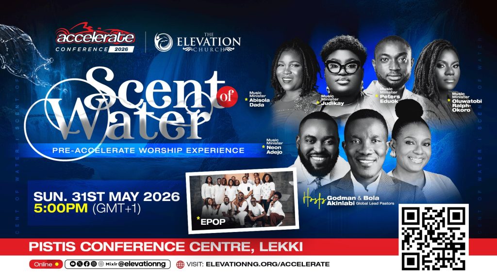 Promotional poster for 'Scent of Water' worship conference with speaker photos and event details (date, time, location).