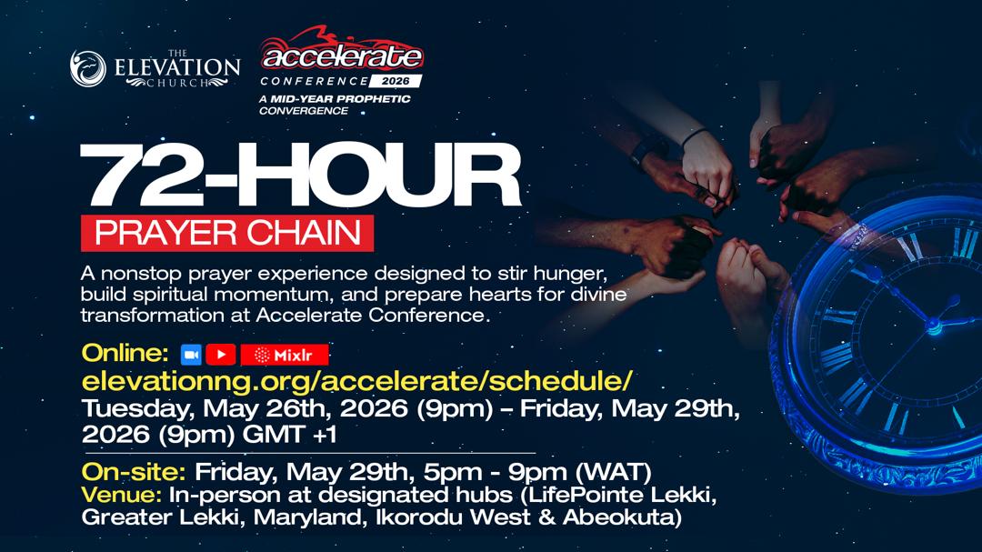 Poster for Elevation Church's Accelerate Conference 2026 promoting a 72-hour prayer chain with online and on-site schedule details.